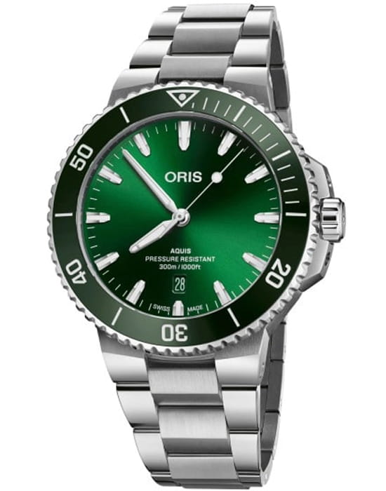Oris Oris Aquis Date 01 733 7789 4157-07 8 23 04PEB  01 733 7789 4157-07 8 23 04PEB механические мужские часы зеленый циферблат, браслет нержавеющая сталь — вид спереди